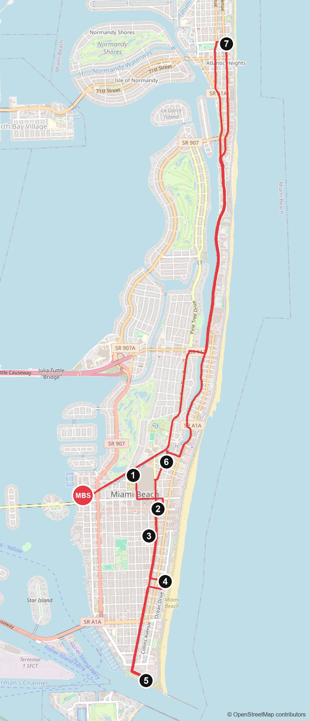 Map of the Miami Beach by scooter route: Miami Beach Scooter at 1745 Bay Road, then 7 numbered stops from the Botanical Garden to South Pointe Park and up Collins Avenue to the North Beach Bandshell